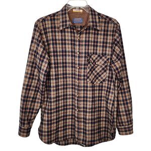 Vintage Pendleton Lobo Plaid Wool Mens Button Up Shirt Elbow Patches Large